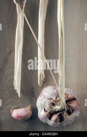 Stillleben mit Knoblauchzwiebel und Knoblauchzehe auf gebleichten Schneidbrett aus Holz. Stockfoto