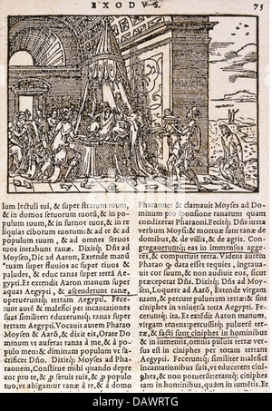 Religion, biblische Szenen, Plagen Ägyptens, Fröschepest, 'Biblia Sacra', gedruckt von Jean de Tournes, Lyon, 1558, Privatsammlung, , Zusatzrechte-Clearences-nicht vorhanden Stockfoto