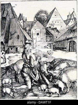 Religion, biblische Szenen, "Der verlorene Sohn", Holzschnitt von Albrecht Dürer, circa 1520, Privatsammlung, Artist's Urheberrecht nicht gelöscht werden Stockfoto