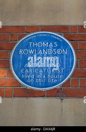 London Grafschaftsrat blaue Plakette markiert eine Homepage von Künstler und Karikaturist, Sir Thomas Rowlandson Stockfoto