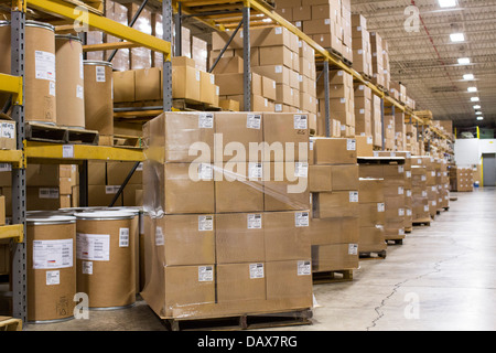Eine Industriehalle voller Kartons auf Regale. Stockfoto