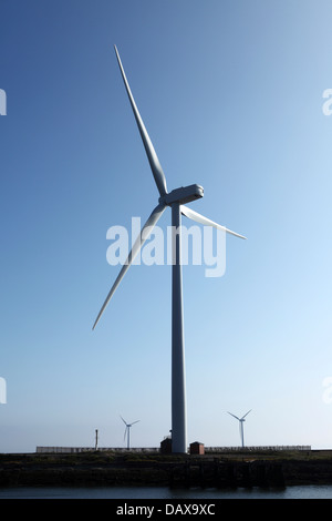 Windkraftanlagen auf Blyth Harbour Wind Farm in Northumberland, England. Stockfoto