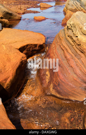 Spittal Strand Sandstein Gesteinsschichten bedeckt in Eisenerz. Spittal, Berwick nach Tweed, Northumberland, England Stockfoto