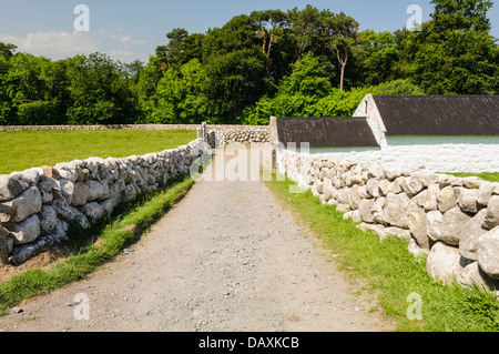 Trockenmauern führen hinunter zu einem weiß getünchten irischen Bauernhaus Stockfoto