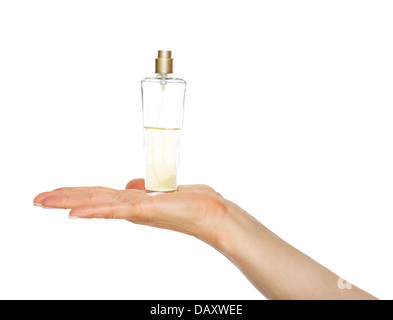 Closeup auf Frau Hand zeigt Parfüm-Flasche Stockfoto