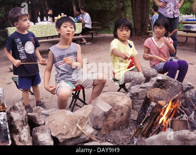 Kinder kochen Würstchen am Lagerfeuer auf dem Campingplatz in einem Park. Ontario, Kanada. Stockfoto