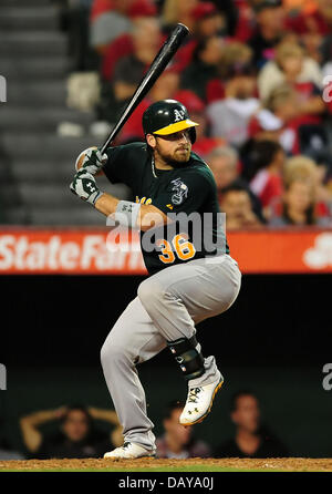 20. Juli 2013 Anaheim, CA. Oakland Athletics Catcher Derek Norris #36 at bat während der Major League Baseball Game zwischen den Oakland Athletics und den Los Angeles Angels im Anaheim Stadium in Anaheim, California.The Los Angeles Angels besiegen die Oakland Athletics 2-0.Louis Lopez/CSM Stockfoto