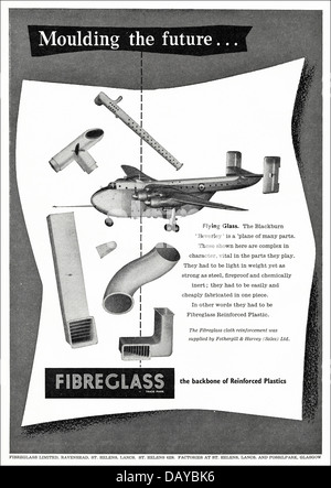 Anzeige für Glasfaser verstärkten Kunststoff von Fiberglas Ltd Ravenhead St Helens Lancashire England UK Lieferanten, die Flugzeug-Industrie Werbung im Fachmagazin ca. 1955 Stockfoto