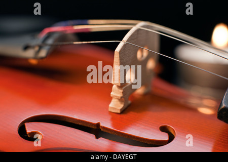 Saiten der Violine in Nahaufnahme Stockfoto