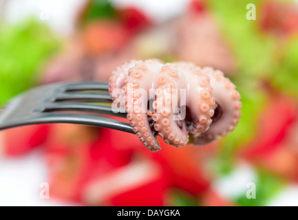 Oktopus auf einer Gabel gegen Meeresfrüchte-Salat Stockfoto