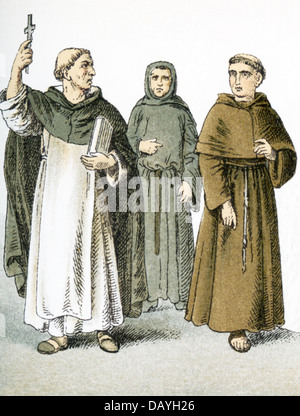 Italiener um 1200 n. Chr.: schwarzer Mönch (mendicant Prediger), Austin Friar (Augustinerorden) und Cordelier (Franziskanermönch). Stockfoto