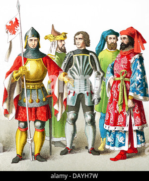 Die Zahlen stehen für deutschen von 1400-1450 n. Chr.: ein Ritter, Edelmann, Ritter und zwei Adligen. Stockfoto