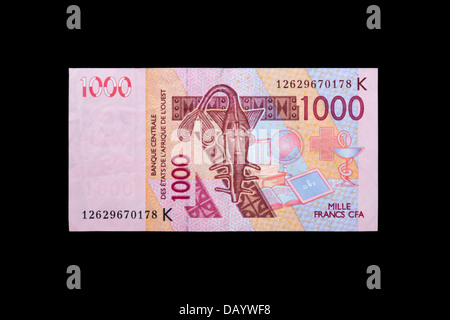 Westafrikanische-Franc-Banknote, Vorderseite. 1000-CFA-Franken. Stockfoto