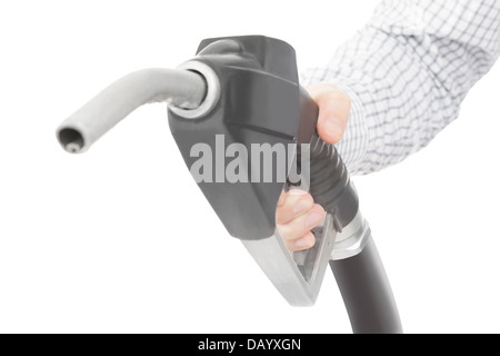 Schwarze Farbe Gun aus dem Kraftstoff Pumpe in der hand und isoliert auf weiss Stockfoto