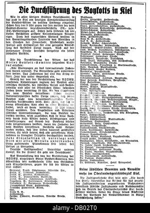 Nationalsozialismus / Nationalsozialismus, Judenverfolgung, Nazi-Boykott jüdischer Geschäfte, 1.4.1933, Kiel, Deutschland, Artikel einer deutschen Zeitung mit Boykott-Aufruf, , Zusatzrechte-Clearences-nicht verfügbar Stockfoto