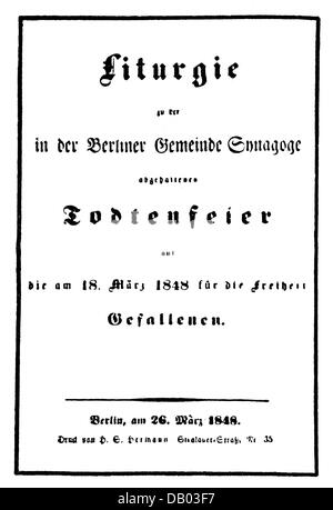 Ereignisse, Revolution 1848 - 1849, Deutschland, Berlin, Ankündigung einer Obsequie für die Toten vom 18.3.1848, Berliner Kommunitätssynagoge, 26.3.1848, Juden, Judentum, Märzaufstand, Gefallene, Liturgie, Preußen, 19. Jahrhundert, historisch, historisch, Zusatzrechte-Clearences-nicht vorhanden Stockfoto