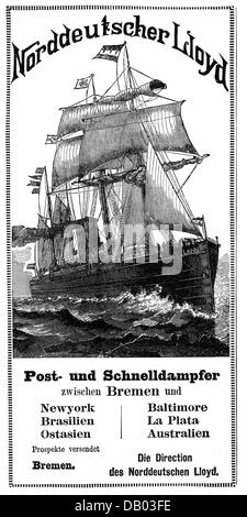 Transport / Transport, Navigation, Dampfer, Dampfer des Norddeutschen Lloyd, Werbespot, Bremen, 1897, Additional-Rights-Clearences-not available Stockfoto