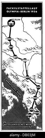 Sport, Olympische Spiele, Berlin 1.- 16.8.1936, Strecke der Fackelstaffel von Olympia nach Berlin, Karte, 1936, Sommerspiele, XI. Olympiade, Deutschland, 1930er, 20. Jahrhundert, historisch, historisch, Zusatzrechte-Clearences-nicht vorhanden Stockfoto