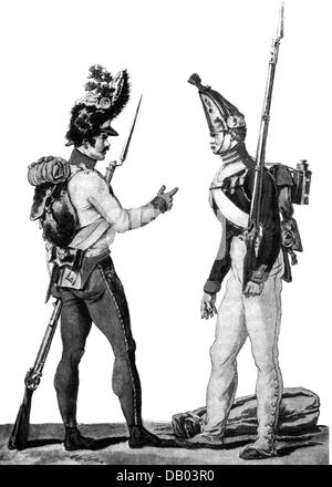 Krieg der Sechsten Koalition 1812 - 1814, Soldaten im Feldkit, links: Ungarischer Grenadier, rechts: Russischer Grenadier der Garde, zeitgenössischer Stich von Philippe Louis Debucourt, Zusatzrechte-Freiences-nicht vorhanden Stockfoto