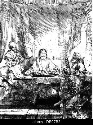 Rembrandt, Harmensz van Rijn, (1606 - 1669), Radierung, 'Christ at Emmaus', 1654, 21,2 x 16 cm, zusätzliche-Rights-Clearences-not available Stockfoto