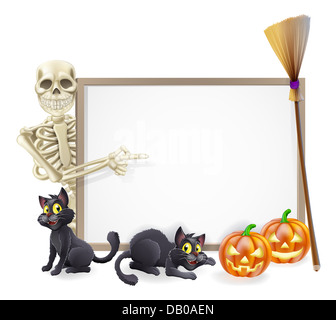 Halloween Schild oder Banner, orange Halloween-Kürbisse und schwarze Hexe Katzen Hexe Besen Stick und Cartoon Skelett Charakter Stockfoto