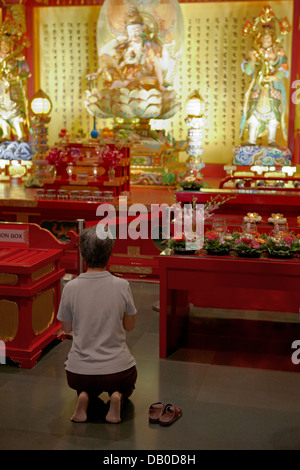 Frau in Buddha Tooth Relic Temple zu beten. Chinatown, Singapur. Stockfoto