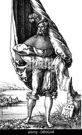 Heraldik, Militär, lansquenet, Fähnrich, Kupferstich von Heinrich Aldegrever, 1540, Artist's Urheberrecht nicht geklärt zu werden. Stockfoto