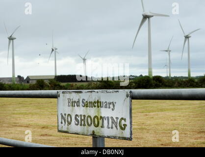 Ein Schild mit der Aufschrift "Bird Sanctuary - Nr. schießen" ist vor einer Windmühle betriebene Anlage in der Nähe von Gorey (County Wexford) fest. Stockfoto