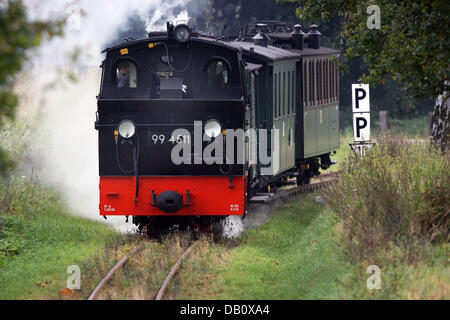 Ein Schmalspur-Zug gezogen von Dampfmaschine keine 99 4511 gezeigt auf dem Weg zwischen Mesendorf und Lindenberg im Landkreis Prignitz in Brandenburg, Deutschland, 4. Oktober 2007. Schmalspur-Eisenbahn-Enthusiasten aus Deutschland und Österreich treffen sich bei der diesjährigen "Kleinbahn-Expo" in Mesendorf. Die neun Kilometer lange ist Pollo Schmalspurbahn-Strecke eine Attraktion für Eisenbahn-Liebhaber aus al Stockfoto