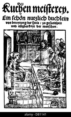 Gastronomie, Köchin, Köchin und Köchin, Holzschnitt, aus: 'Kuchen meisterey', Einband, 16. Jahrhundert, Zusatzrechte-Clearenzen-nicht vorhanden Stockfoto