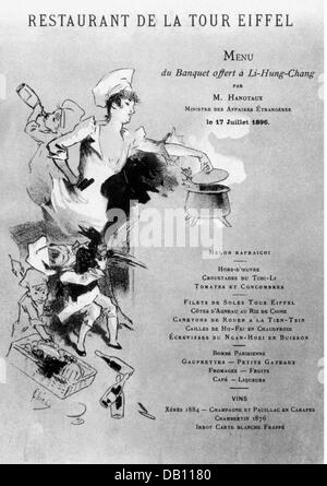 Gastronomie, Menü, Reihenfolge der Bankette zu Ehren des chinesischen Generals Li Hongzhang, veranstaltet von dem französischen Außenminister Gabriel Hanotaux, Design: Jules Cheret (1836 - 1932), 'Restaurant de la Tour Eiffel', Paris, 17.7.1896, zusätzliche-Rechte-Clearences-nicht verfügbar Stockfoto