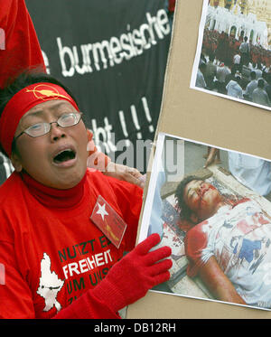 Eine burmesische Frau protestiert mit Fotos aus Myanmar während einer Kundgebung? Solidarität mit den Demonstranten in Myanmar? in Berlin, Deutschland, 27. Oktober 2007. Der Protestmarsch mit Manifestiation hieß auf Et Al. Menschenrechtsorganisation Amnesty International zur Unterstützung der Opposition in Myanmar Foto: STEPHANIE PILICK Stockfoto