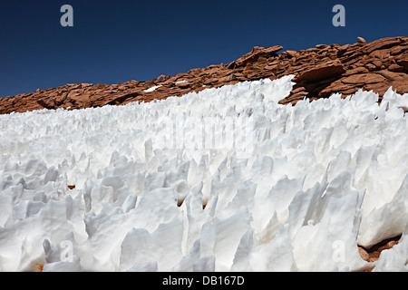 Landschaft mit Schneestrukturen, Penitentes, nieves penitentes, Penitente, Reserva Nacional de Fauna Andina Eduardo Abaroa, Bolivien, Südamerika Stockfoto