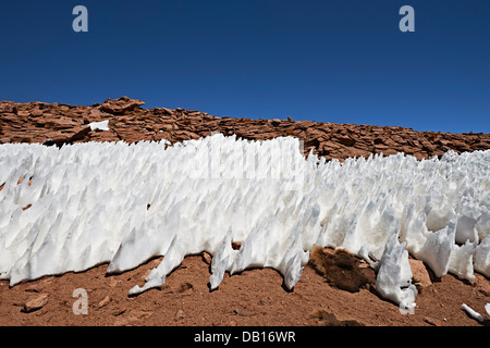 Landschaft mit Schneestrukturen, Penitentes, nieves penitentes, Penitente, Reserva Nacional de Fauna Andina Eduardo Abaroa, Bolivien, Südamerika Stockfoto