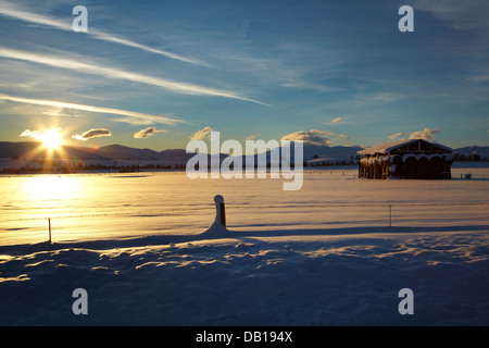 Scheune und Schnee in der Nähe von Oturehua, Maniototo, Central Otago, Südinsel, Neuseeland Stockfoto