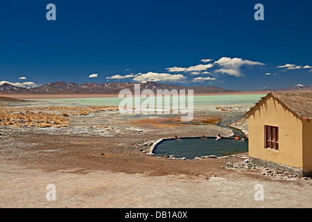 Termas de Polques Hot Springs (4400m) und Salar de Chalviri, Reserva Nacional de Fauna Andina Eduardo Abaroa, Bolivien Stockfoto