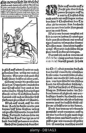 Erster Osmanisch-Habsburger Krieg 1526 - 1555, Belagerung von Wien 27.9. - 14.10.1529, Liederlyriken, Flugblatt, zeitgenössischer Holzschnitt, türkischer Reiter, Österreich, Heiliges Römisches Reich, Türken, Osmanisches Reich, Krieg, Kriege, Türkische Kriege, 16. Jahrhundert, historisch, historisch, Menschen, Zusatzrechte-Clearenzen-nicht vorhanden Stockfoto