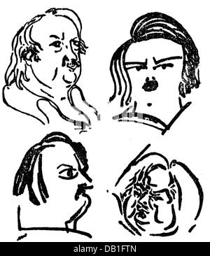 Balzac, Honore de, 20.5.1799 - 18.8.1850, französischer Autor/Schriftsteller, Porträt, vier Karikaturen, Stockfoto