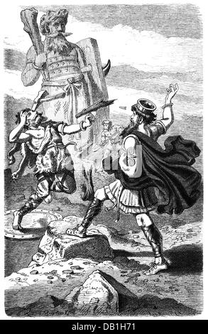 Thor (Donar), germanische Donnergottheit, Duell mit dem Riesen Hrungnir, Holzgravur nach Zeichnung von Carl Emil-Doepler, 188.1, Stockfoto