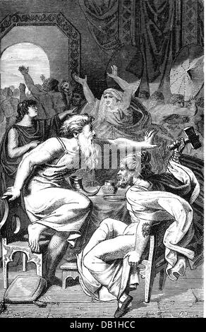 Thor (Donar), germanische Donnergott, mit dem Riesenthrymr, Holzgravur, 1882171, Stockfoto