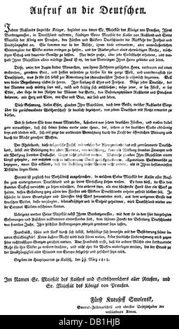 Krieg der Sechsten Koalition 1812 - 1814, "Proklamation an die Deutschen" durch den russischen Feldmarschall Michail Kutusow-Smolenski, Kalisz, 25.10.1813, Zusatzrechte-Clearences-nicht vorhanden Stockfoto