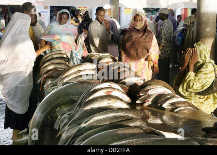 Die Leute kaufen Fische bei Temperaturen um die 30 Grad auf dem Fischmarkt in Nouakchott, Mauretanien, 16. November 2007. Foto: Wolfgang Kumm Stockfoto