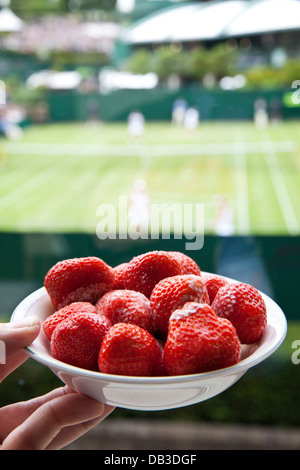 Erdbeeren und Sahne im Wimbledon Tennis Championships Stockfoto