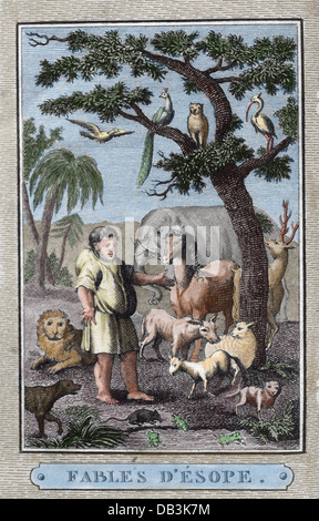 Aesop (ca. 620 – 564 v. Chr.). Antike griechische Fabeldichter. Aesop Fabeln. Gravur der französischen Ausgabe. Paris, 1801. Gravur. Stockfoto