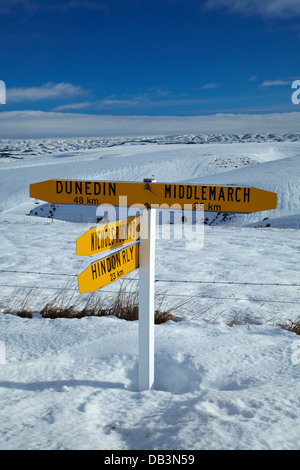 Straßenschild, State Highway 87 (Dunedin - Middlemarch Road), Strath Taieri, Otago, South Island, Neuseeland Stockfoto