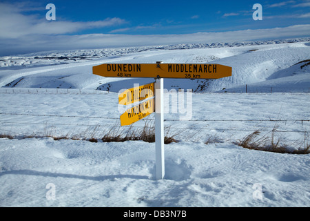 Straßenschild, State Highway 87 (Dunedin - Middlemarch Road), Strath Taieri, Otago, South Island, Neuseeland Stockfoto