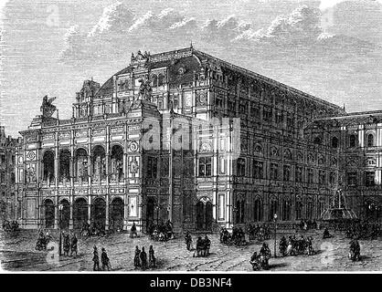 Österreich, Wien, Theater, K. K. Hofoper, erbaut 1861 - 1869, Architekt: August Sicard von Sicardsburg und Eduard van der Nuell, Außenansicht, Holzstich, um 1875, Hofoper, Wiener Staatsoper, Oper, Opern, Oper, Opernhäuser, Architektur, Neorenaissance, Menschen, Ringstraße, Opernring, Innenstadt, Innenstadt, Innenstadt, Innenstadt, Innenstadt, Stadtkern, 1. Bezirk, Österreich-Ungarn, Österreich-Ungarn, Dual-Monarchie, Cisleithania, Mitteleuropa, 19. Jahrhundert, historisch, historisch, Null, Nüll, Additional-Rights-Clearences-nicht verfügbar Stockfoto