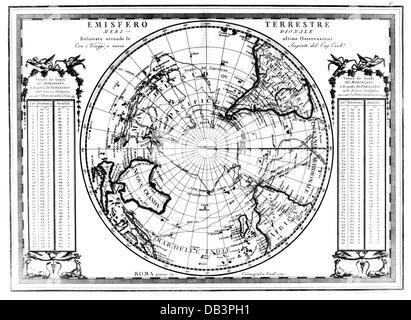 Kartographie, Karte, südliche Hemisphäre, mit der Route der drei Reisen von James Cook, Kupferstich von Giovanni Maria Cassini, 1789, "Nuovo Atlante Geografico Universale', Rom, 1801, Artist's Urheberrecht nicht geklärt zu werden. Stockfoto