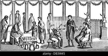Handel, Händler, römische Händler für Küchengeräte und Schuhe, nach altem Bild, Holzstich, 19. Jahrhundert, Antike Welt, Antike Zeiten, Grafik, Grafik, Rom, Beruf, Berufe, Kaufmann, Händler, Verkauf, Verkauf, Verkauf, Verkauf, Käufer, aktive Käufer, Kunden, Kauf, Kauf, Kauf, Kauf, Küchengerät, Küchengerät, Küchengerät, Küche, Küchen, Handwerk, Handwerk, Handwerk, Schuhe, Schuhe, Schuhe, halbe Länge, stehend, historisch, historisch, Menschen, alte Welt, NICHT, zusätzliche-Rechte-Clearences-nicht verfügbar Stockfoto