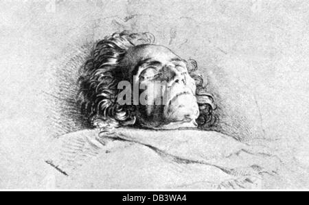 Beethoven, Ludwig van, 17.12. 1770 - 26.3.1827, deutscher Komponist, auf dem Sterbebett, Zeichnung von Johann Danhauser, Wien, Stockfoto